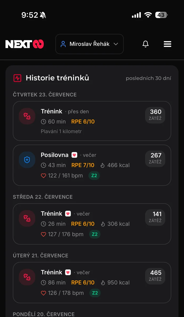 Historie tréninků
